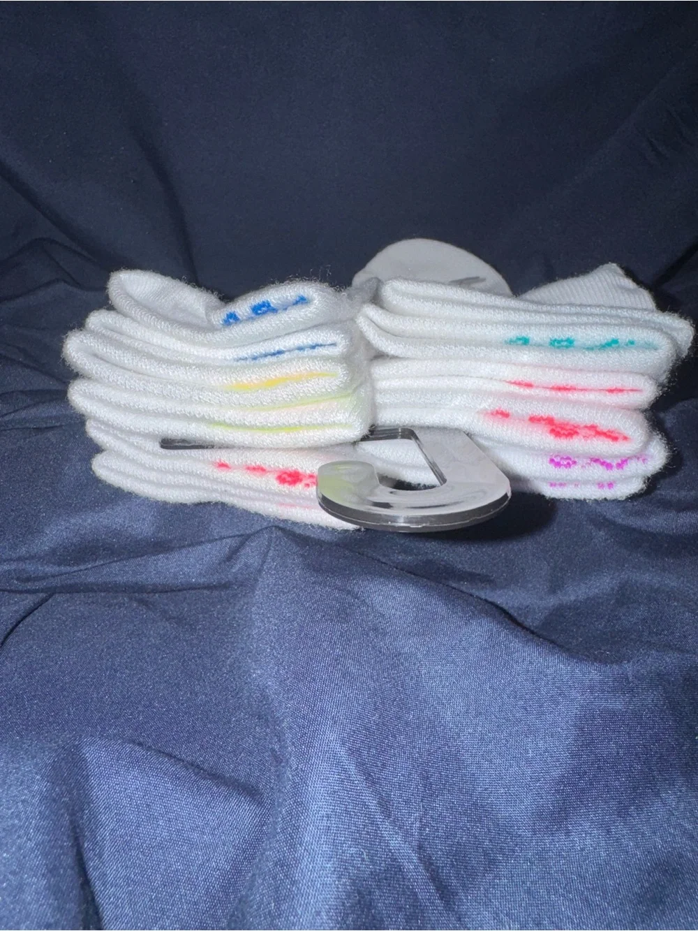 Nike White Ankle Socks with Pink,Purple,Neon Yellow, Blue and Green Swooshes-6Pk